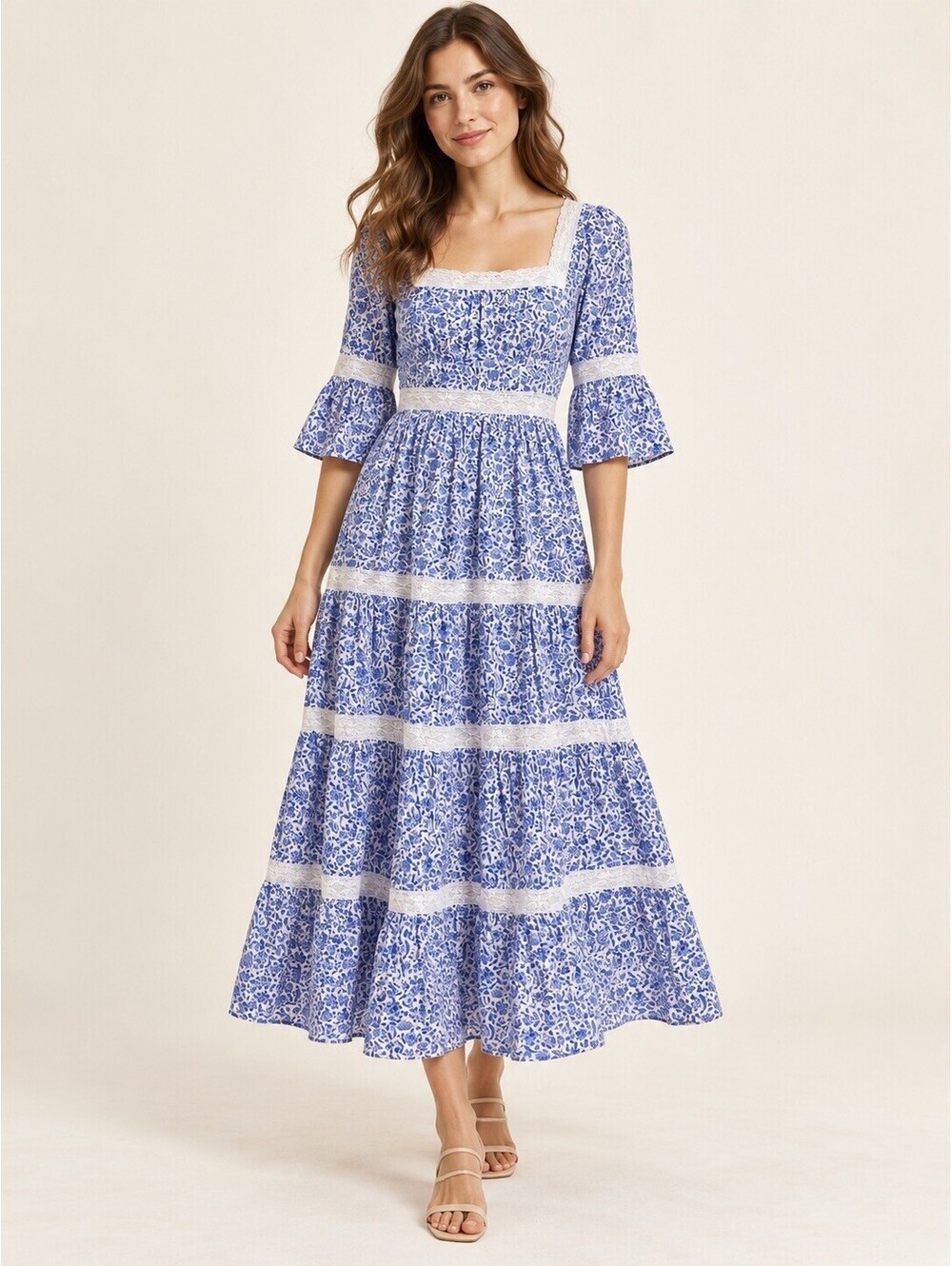 Pink City Prints XS Blue White Floral Maxi Dress Lace Trim Cottagecore Boho
